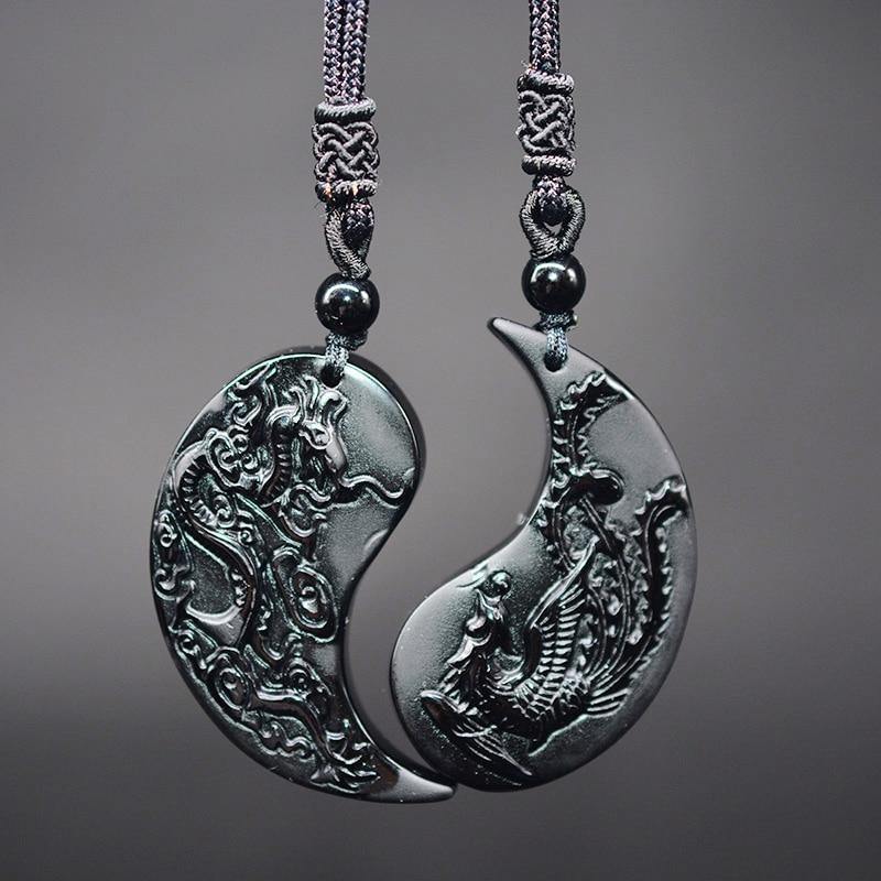 Obsidian Drache & Phoenix Paar Halsketten